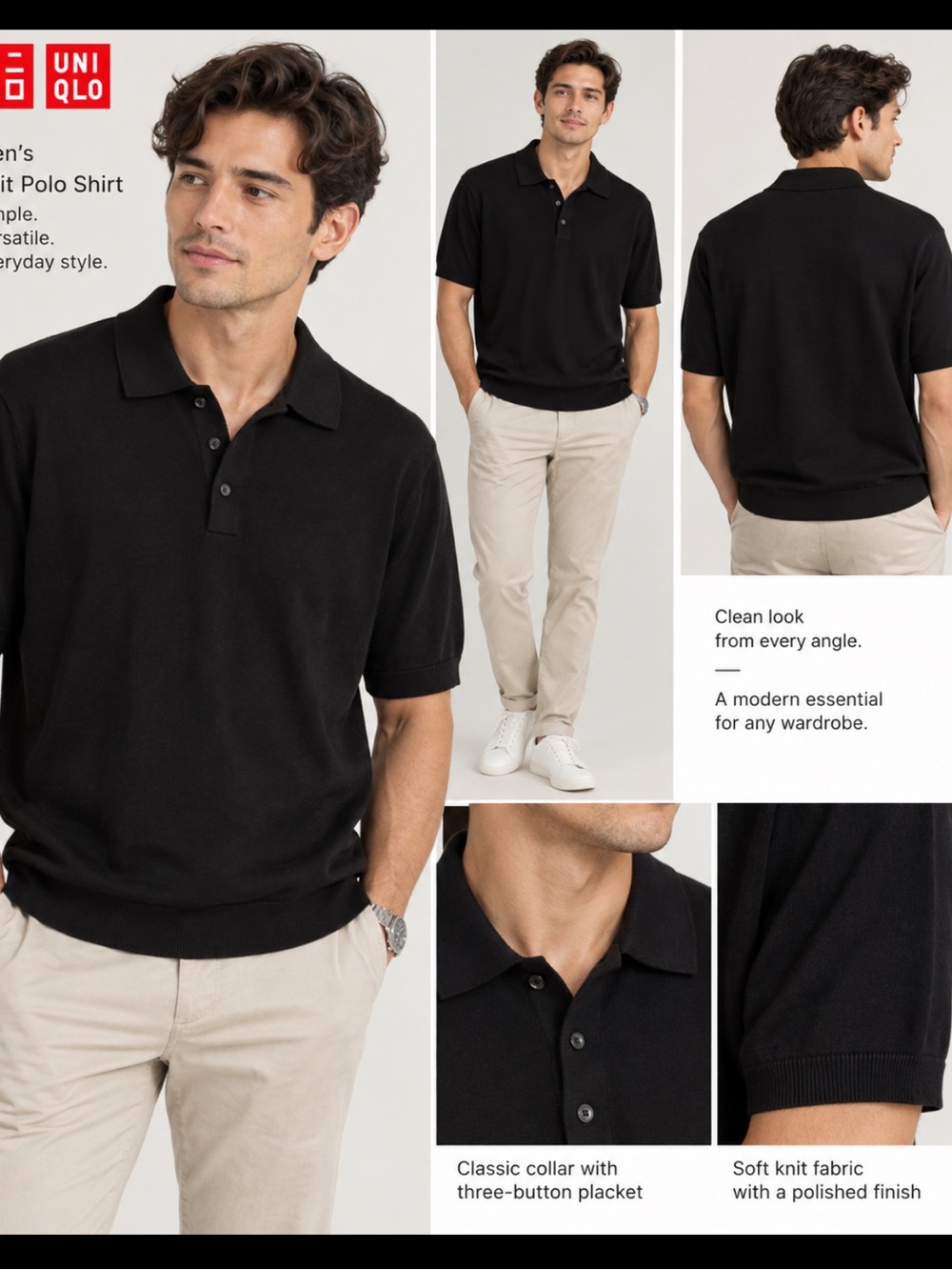 UNIQLO MEN’S BLACK, KNIT POLO SHIRT.
Short sleeve. Minimalist. L